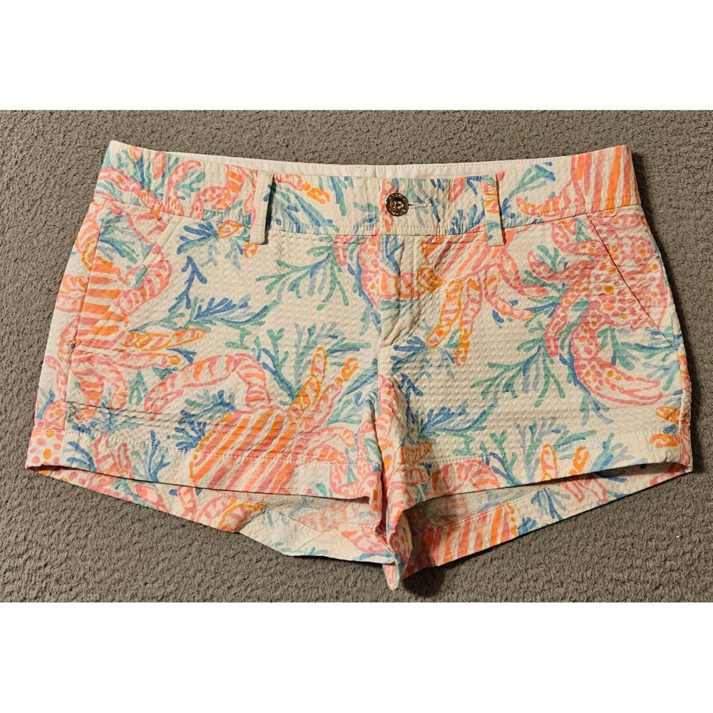 Lilly Pulitzer Walsh Shorts 12 Pink Orange Crab Coral Seersucker Cotton 20947